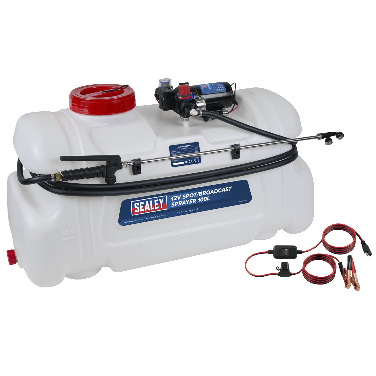 Sealey SS98 12V Spot/Broadcast Sprayer with Dual Lance & Chemical-Resistant Tank 100L