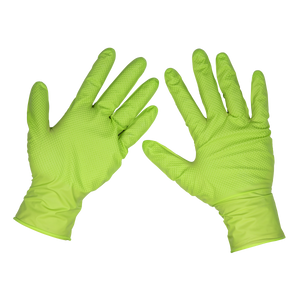 Sealey SSP54L Diamond Grip Extra-Thick Nitrile Powder-Free Gloves, Hi-Vis Green, Large - Pack of 50
