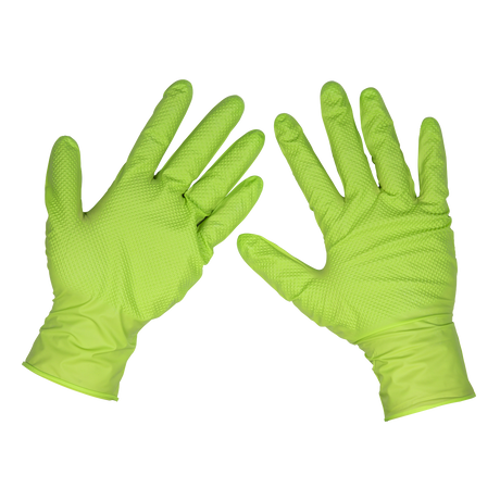 Sealey SSP54L Diamond Grip Extra-Thick Nitrile Powder-Free Gloves, Hi-Vis Green, Large - Pack of 50