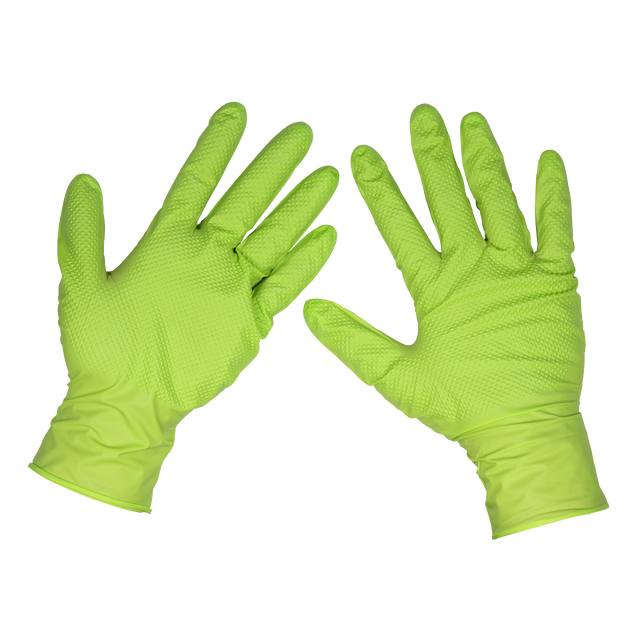 Sealey SSP54XL Diamond Grip Extra-Thick Nitrile Powder-Free Gloves, Hi-Vis Green, X-Large - Pack of 50