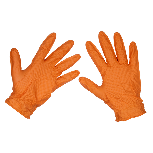 Sealey SSP56XL Diamond Grip Extra-Thick Nitrile Powder-Free Gloves, Orange, X-Large - Pack of 50
