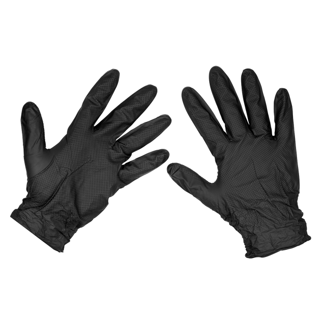Sealey SSP57L Diamond Grip Extra-Thick Nitrile Powder-Free Gloves, Black, Large - Pack of 50