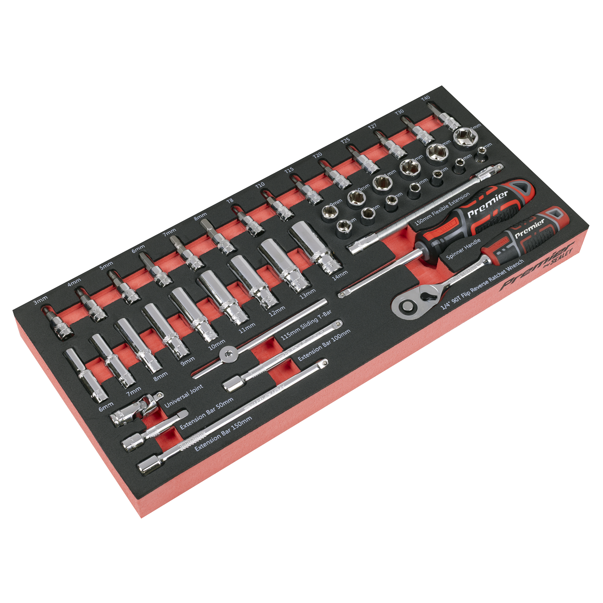 Sealey TBT40 Premier Socket Set with Tool Tray 1/4"Sq Drive 44pc
