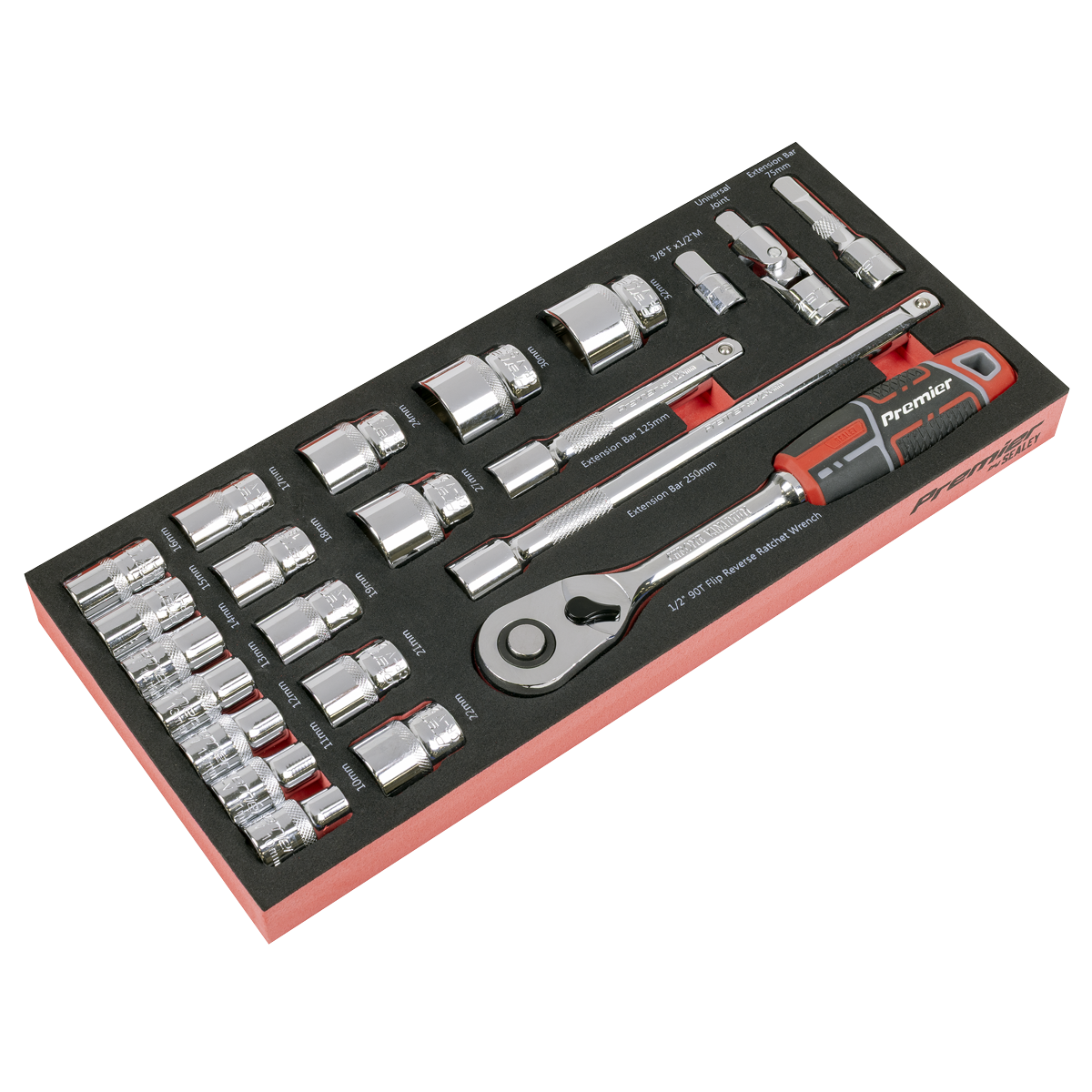Sealey TBT42 Premier Socket Set with Tool Tray 1/2"Sq Drive 22pc