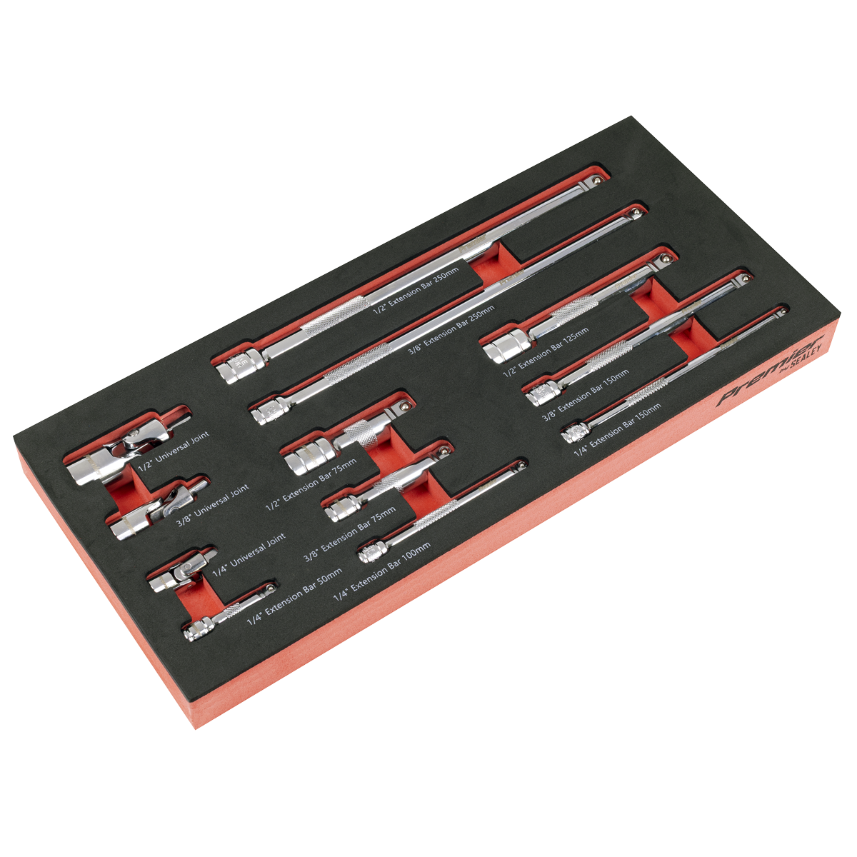 Sealey TBT44 Premier Wobble Extension Bar Set with Tool Tray 1/4", 3/8" & 1/2"Sq Drive 12pc