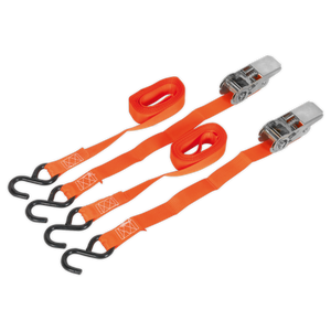Sealey TD0540S2 Ratchet Straps Polyester Webbing with S-Hooks 25mm x 4m 500kg Breaking Strength - Pair