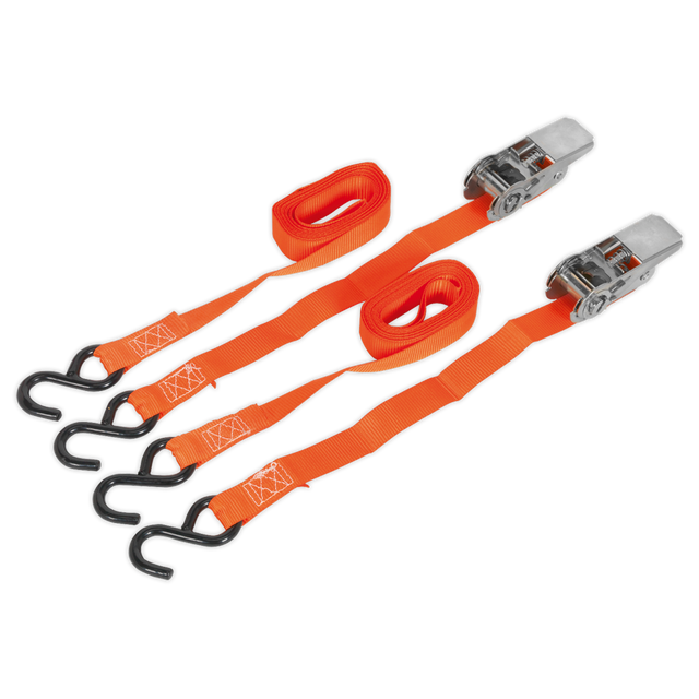 Sealey TD0540S2 Ratchet Straps Polyester Webbing with S-Hooks 25mm x 4m 500kg Breaking Strength - Pair