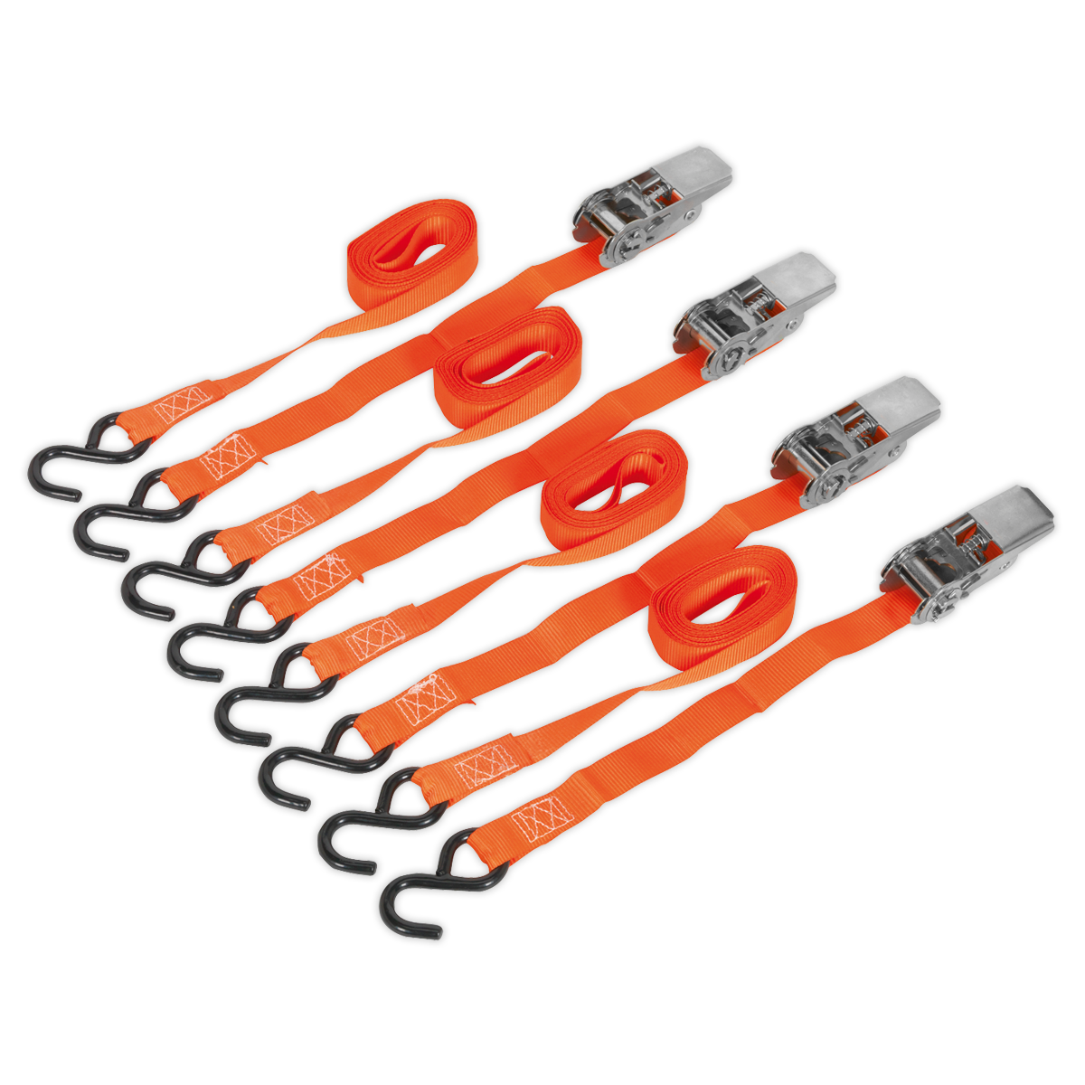 Sealey TD0540S4 Ratchet Straps Polyester Webbing with S-Hooks 25mm x 4m 500kg Breaking Strength - 2 Pairs
