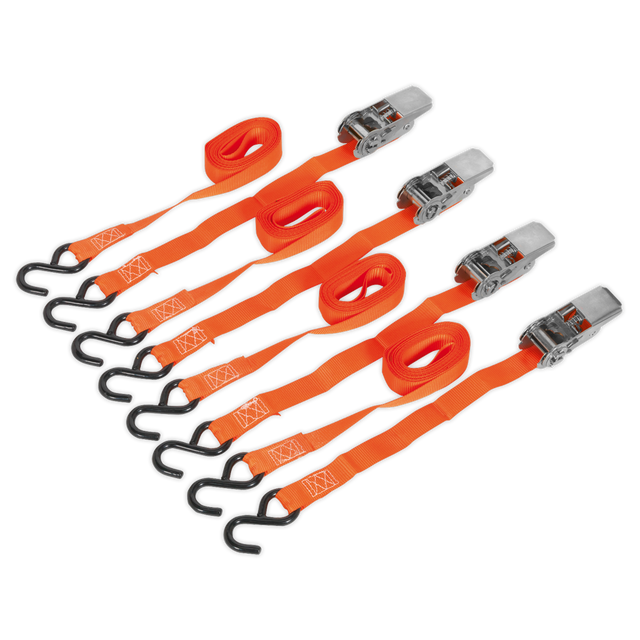 Sealey TD0540S4 Ratchet Straps Polyester Webbing with S-Hooks 25mm x 4m 500kg Breaking Strength - 2 Pairs