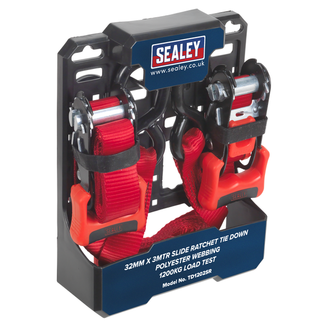 Sealey TD1202SR Slide Ratchet Strap Polyester Webbing with S-Hooks 32mm x 3m 1200kg Breaking Strength