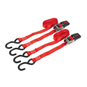 Sealey TD284SD Ratchet Straps Polyester Webbing with S-Hooks 25mm x 4m 800kg Breaking Strength - Pair