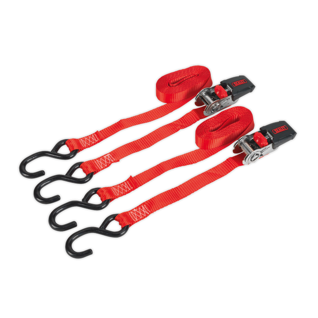 Sealey TD284SD Ratchet Straps Polyester Webbing with S-Hooks 25mm x 4m 800kg Breaking Strength - Pair