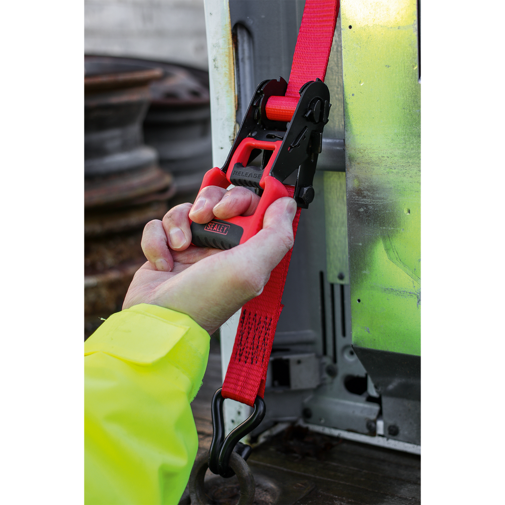 Sealey TD41248JD Ratchet Straps Polyester Webbing with J-Hooks 32mm x 4.9m 1200kg Breaking Strength - 2 - additional view 3