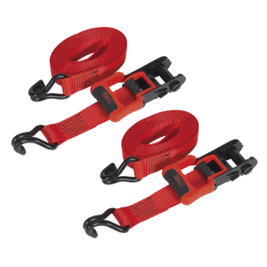 Sealey TD41248JD Ratchet Straps Polyester Webbing with J-Hooks 32mm x 4.9m 1200kg Breaking Strength - 2 Pairs