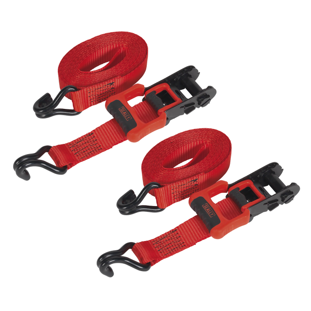 Sealey TD41248JD Ratchet Straps Polyester Webbing with J-Hooks 32mm x 4.9m 1200kg Breaking Strength - 2 Pairs