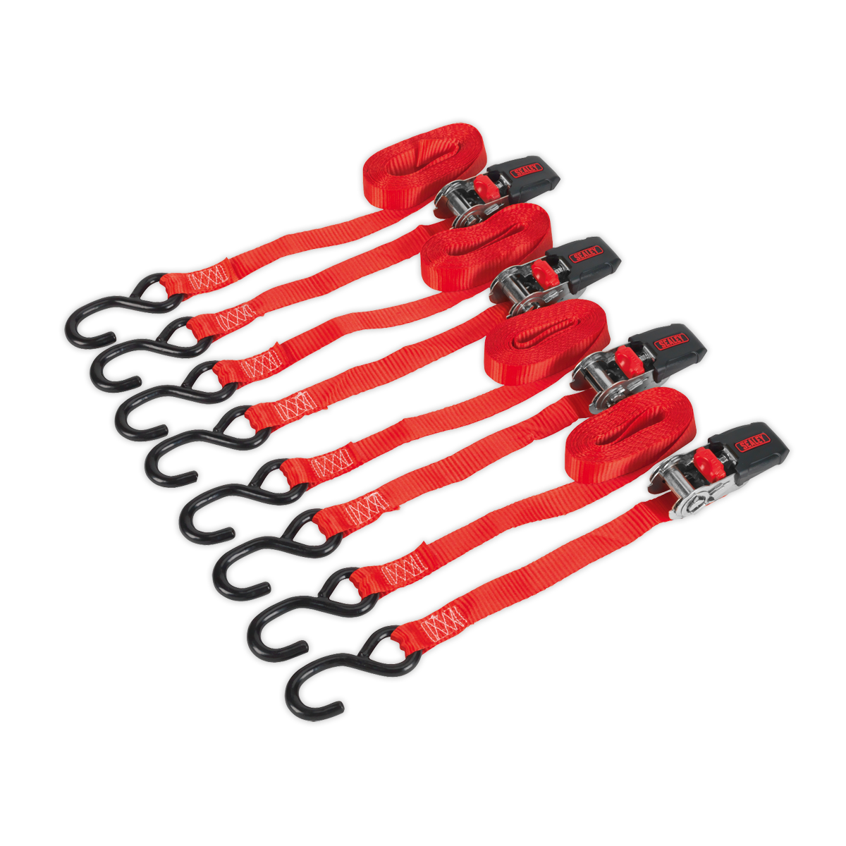 Sealey TD484SD Ratchet Strap Polyester Webbing with S-Hooks 25mm x 4m 800kg Breaking Strength - 2 Pairs