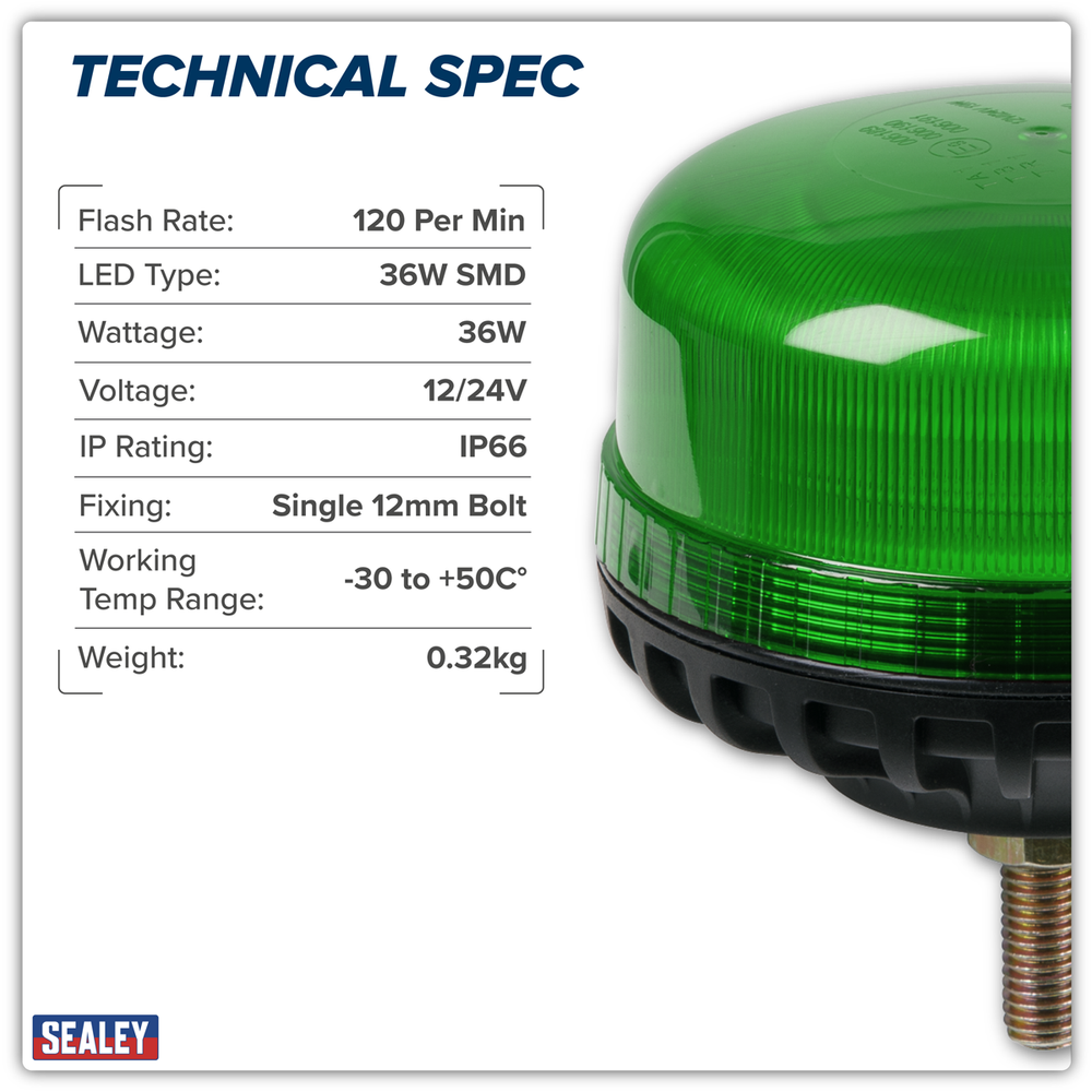 Sealey WB951LEDG Warning Beacon with 12mm Bolt Fixing 36W SMD LED 12/24V - Green - additional view 8