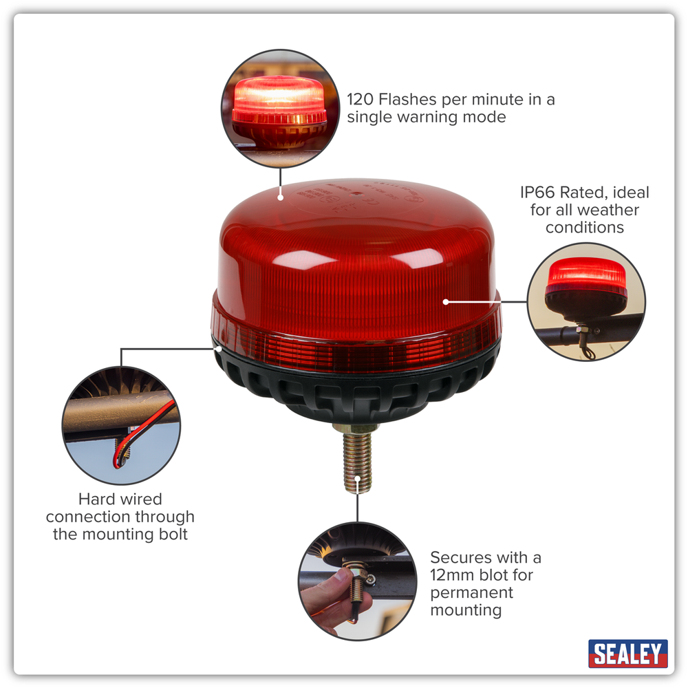 Sealey WB951LEDR Warning Beacon with 12mm Bolt Fixing 36W SMD LED 12/24V - Red - additional view 10