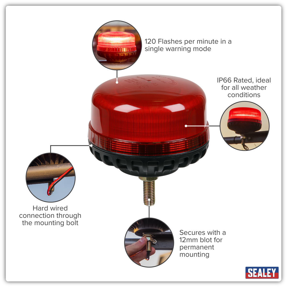 Sealey WB951LEDR Warning Beacon with 12mm Bolt Fixing 36W SMD LED 12/24V - Red - additional view 10