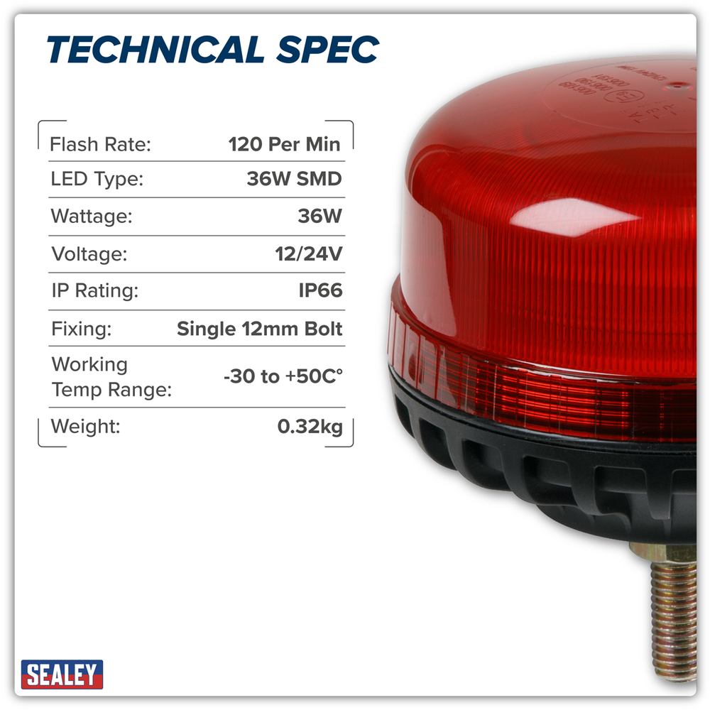 Sealey WB951LEDR Warning Beacon with 12mm Bolt Fixing 36W SMD LED 12/24V - Red - additional view 7