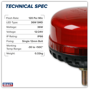 Sealey WB951LEDR Warning Beacon with 12mm Bolt Fixing 36W SMD LED 12/24V - Red - additional view 7
