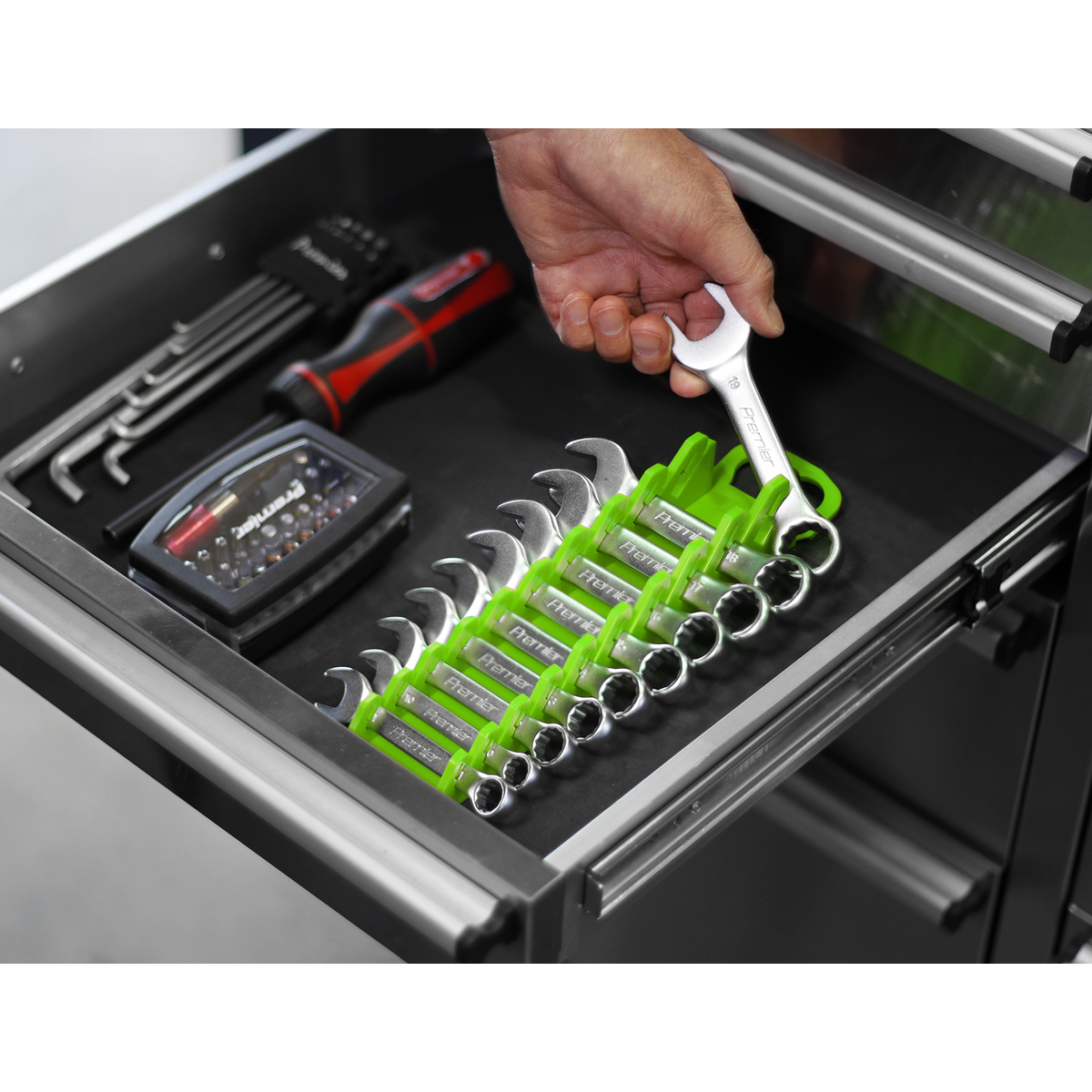 Sealey WR10HV Premier Spanner Rack Capacity 10 Stubby Spanners - Hi-Vis Green - additional view 4