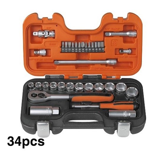 Bahco S330 Socket Set 34 Piece 1/4 & 3/8in Drive - 34 Piece Set - BAHS330 - Bahco - Trade Counter Direct