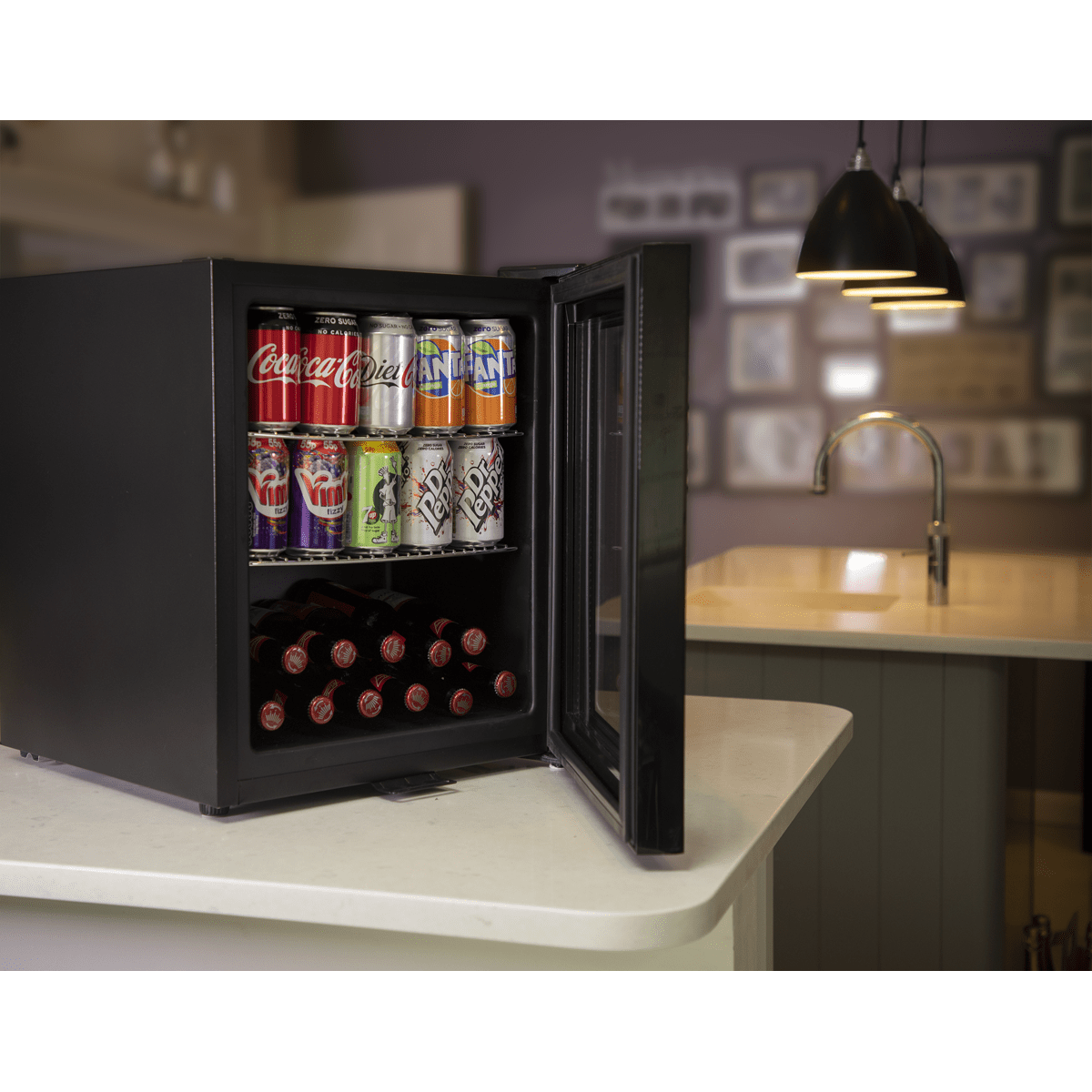 Baridi 50L Table Top Beer & Drinks Mini Fridge 3 - 10°C, Light, Black & Glass - DH12 - DH12 - Sealey Tools UK - Trade Counter Direct