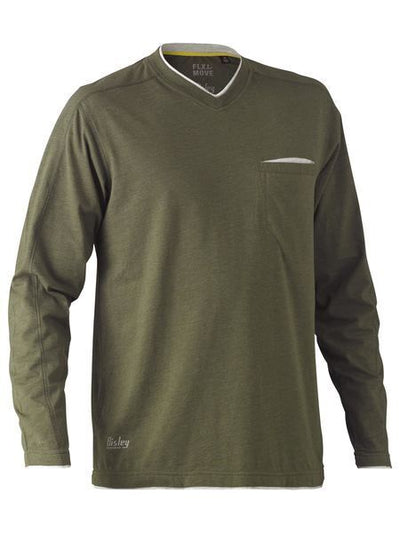 Bisley Workwear Flex & Move Shirt Cotton V - Neck Tee Long Sleeve - Green Marle - UKK6933_BTHYS - Bisley Workwear UK - Trade Counter Direct