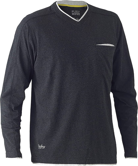 Bisley Workwear Flex & Move Shirt Cotton V - Neck Tee Long Sleeve - Grey Marle - UKK6933_BGGYS - Bisley Workwear UK - Trade Counter Direct