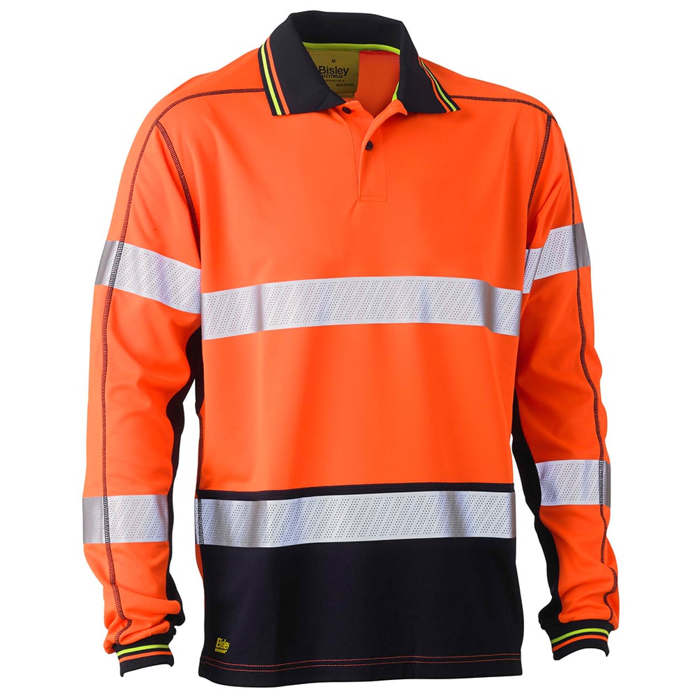 Bisley Workwear Hi-Vis Mesh Long Sleeve Polo Shirt - Orange/Navy