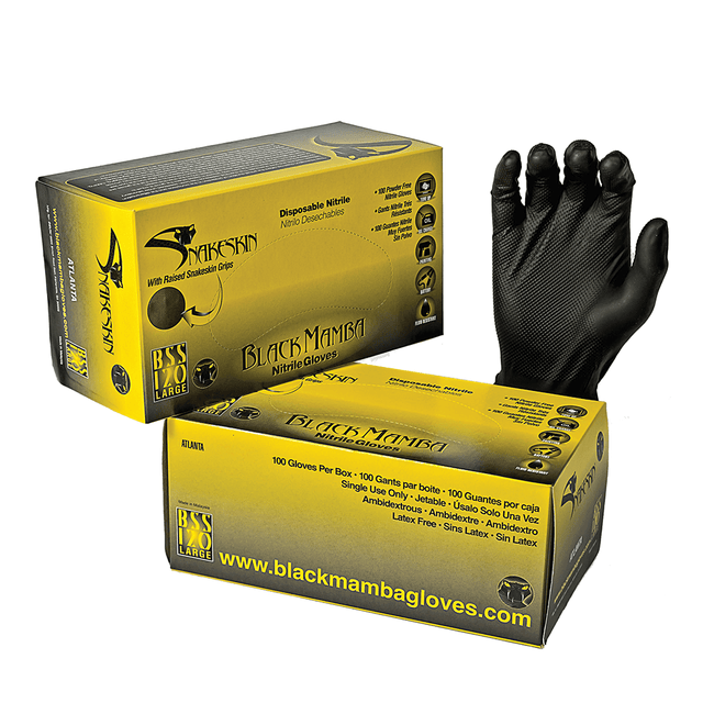 Black Mamba Snakeskin Industrial Strength Powder Free Nitrile Gloves with Raised Grip - Box of 50 - BX-BSF-S - Black Mamba Gloves - Trade Counter Direct