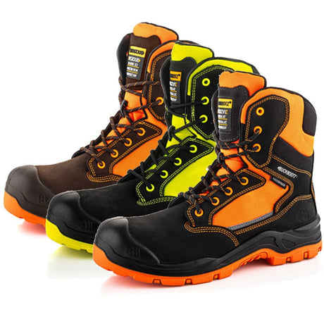 Buckbootz BVIZ1 Buckzviz High - Leg Lace/Zip Safety Boot – Waterproof Hi - Vis (Black/Orange, Black/Yellow, Brown/Orange) - BVIZ1BKOR-04 - Trade Workwear - Trade Counter Direct