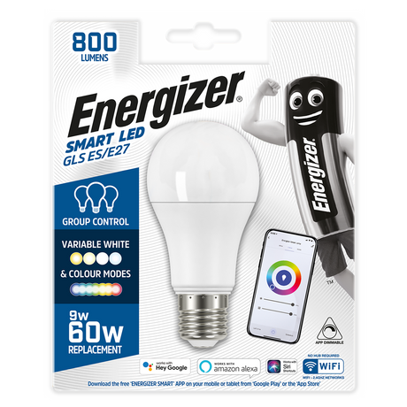 Energizer 9W-60W SMART LED GLS ES/E27 Bulb (Alexa/Hey Google/Siri Compatible)