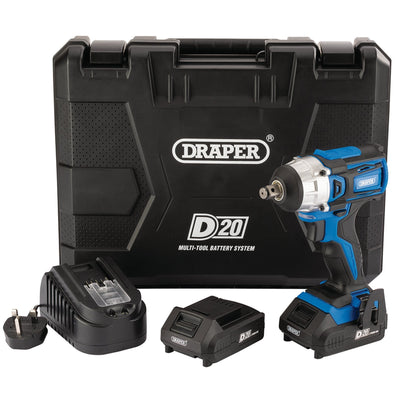 D20 20V Brushless Impact Wrench, 1/2" Sq. Dr., 250Nm, 2 x 2.0Ah Batteries, 1 x Charger - DR-55343 - Draper - Trade Counter Direct
