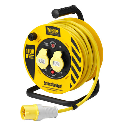 Defender E86455 110V 2-Way Heavy Duty Industrial Cable Reel, 25m - DR-35821 - Defender - Trade Counter Direct
