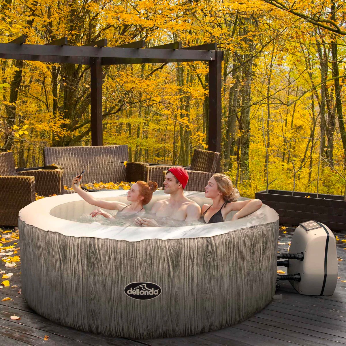 Dellonda 2-4 Person Inflatable Hot Tub Spa with Smart Pump - Wood Effect - DL88