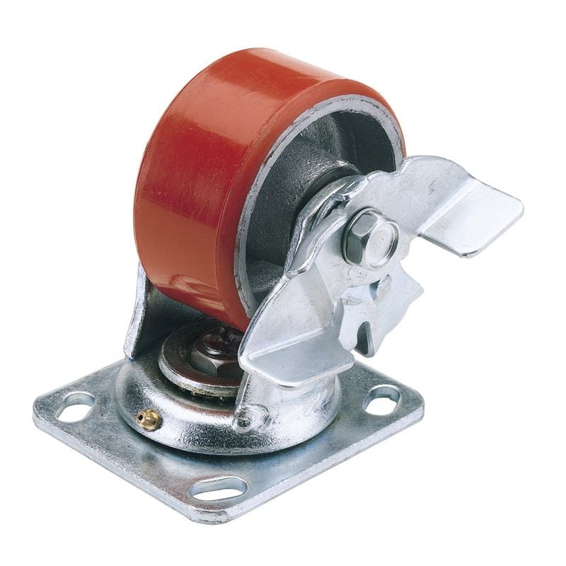 Draper 606125PB Swivel Plate Fixing Heavy Duty Polyurethane Wheel with Brake, 125mm Diameter, S.W.L. 300kg - (65527) - DR-65527 - Draper - Trade Counter Direct