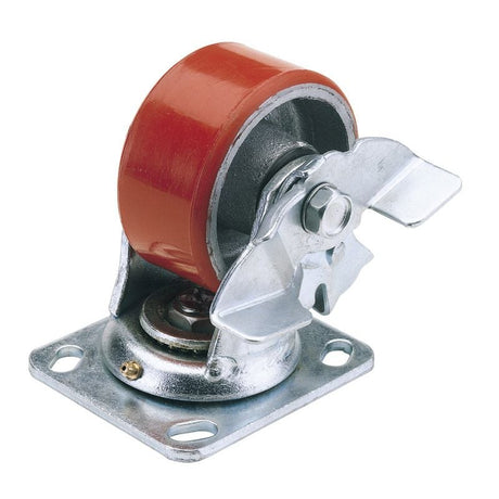 Draper 606125PB Swivel Plate Fixing Heavy Duty Polyurethane Wheel with Brake, 125mm Diameter, S.W.L. 300kg - (65527) - DR-65527 - Draper - Trade Counter Direct