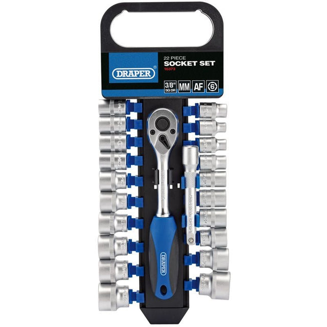 Draper DD22AM/PR Combined MM/AF Socket and Ratchet Set, 3/8" Sq. Dr. (22 Piece) - DR-16373 - Draper - Trade Counter Direct
