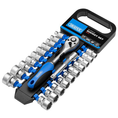 Combined MM/AF Socket and Ratchet Set, 3/8" Sq. Dr. (22 Piece)