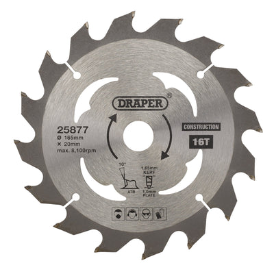 DR-25877 — TCT Cordless Construction Circular Saw Blade for Wood & Composites, 165 x 20mm, 16T
