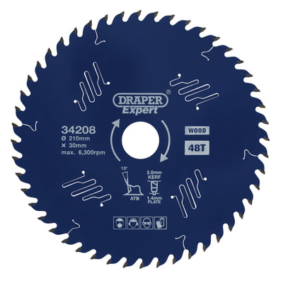 DR-34208 — Draper Expert TCT Circular Saw Blade for Wood with PTFE Coating, 210 x 30mm, 48T
