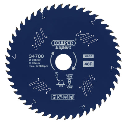 DR-34700 — Draper Expert TCT Circular Saw Blade for Wood with PTFE Coating, 216 x 30mm, 48T