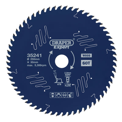 DR-35241 — Draper Expert TCT Circular Saw Blade for Wood with PTFE Coating, 250 x 30mm, 60T