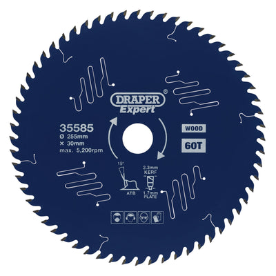 DR-35585 — Draper Expert TCT Circular Saw Blade for Wood with PTFE Coating, 255 x 30mm, 60T
