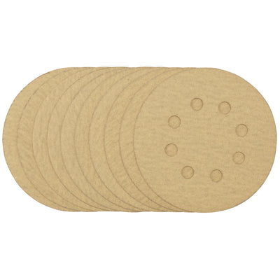 DR-58113 — Gold Sanding Discs with Hook & Loop, 125mm, 180 Grit, 8 Dust Extraction Holes (Pack of 10)