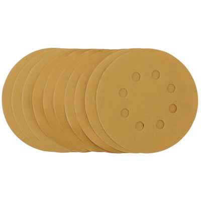 DR-59766 — Gold Sanding Discs with Hook & Loop, 125mm, 320 Grit, 8 Dust Extraction Holes (Pack of 10)
