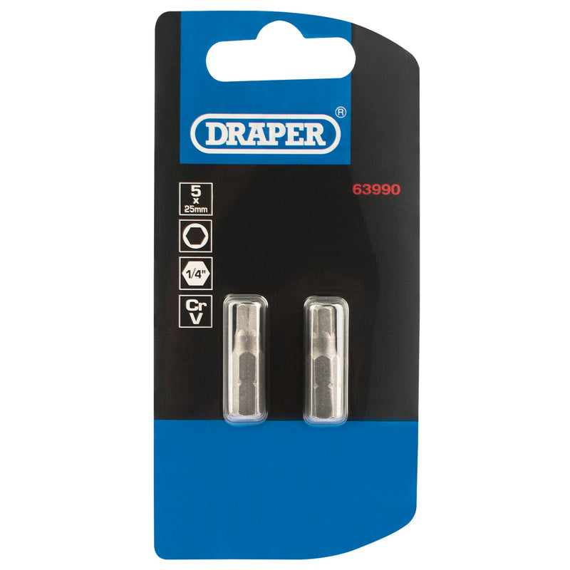 DR-63990 — Hexagonal Insert Bit, 5mm, 1/4" Hex, 25mm Long (Pack of 2)