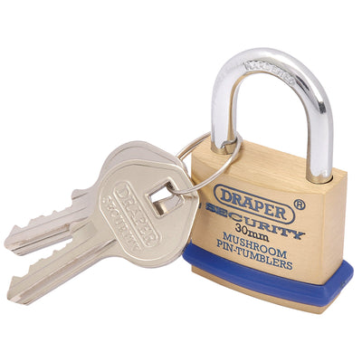 DR-64160 — Solid Brass Padlock and 2 Keys with Mushroom Pin Tumblers Hardened Steel Shackle and Bumper, 30mm